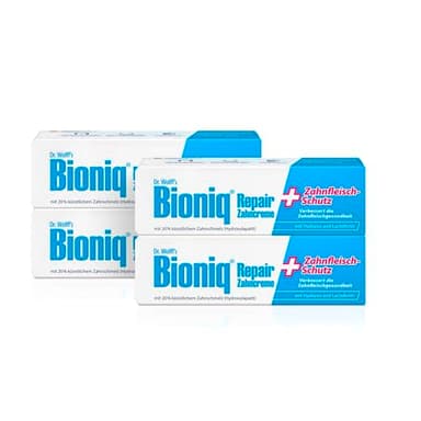 Bioniq® Repair-Zahncreme Zahnfleisch-Schutz - 4 x 75 ml - reparierende Zahnpasta mit Hydroxylapatit – schützt vor Zahnfleisch-Entzündungen, Zahnstein und Zahnbelag – ohne Fluorid