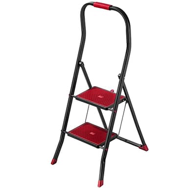 KADAX Klappbare Stahlleiter, 2-stufige Trittleiter mit rutschfesten Stufen, Traglast bis 150 kg, schwarz-rot, mit Klappsicherung und Handlauf