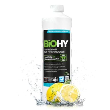 BiOHY Glasreiniger für Fenstersauger (1l Flasche) | Fensterreiniger Konzentrat für alle Fenstersauger | Bio Reinigungsmittel sorgt für streifenfreien Glanz | Glasreiniger | Fensterputzmittel
