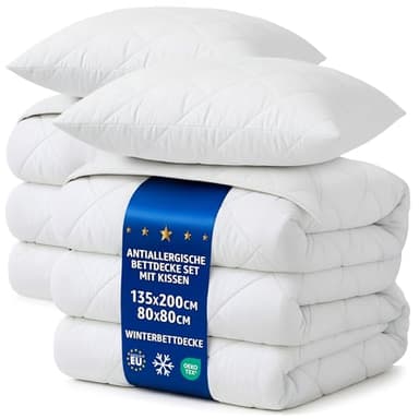 Bettdecken Set 2 Stück 135x200 Winterbettdecken mit 2 Kissen 80x80 – Weiche warme Steppbettdecken für Allergiker, kuschelige Decken mit Füllung, Oeko-Tex Zertifiziert, waschbar