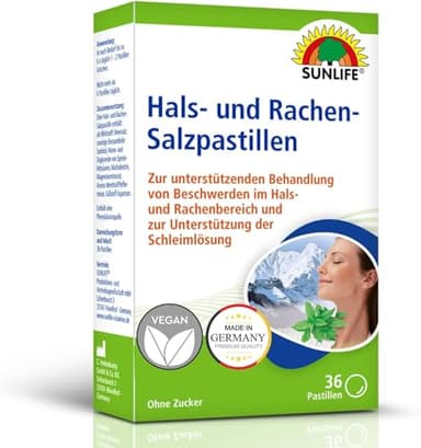 SUNLIFE Hals- und Rachen Salztabletten 1 x 36 Stück - Schleimlöser Hals & Rachen - Halspastillen gegen Husten & Heiserkeit - Halsschmerzen Lutschtabletten - Lutschpastillen mit Menthol-Geschmack