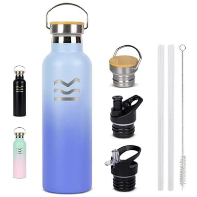Thermo Trinkflasche Edelstahl 750ml Blau - HUIIKE | Auslaufsichere Trinkflasche Isoliert | Thermosflasche mit Strohhalm und 3 Verschlüssen | Stainless Steel Water Bottle 12 Std Heiß & 24 Std Kalt