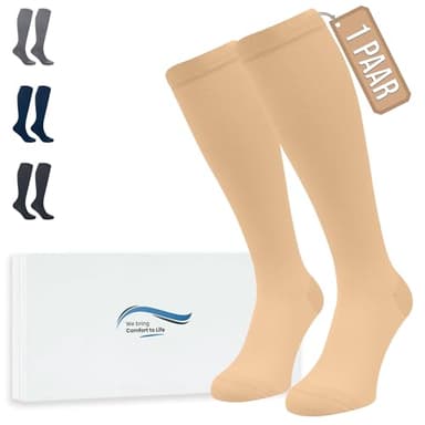 360 Relief Kompressionsstrümpfe Damen und Herren - 1 Paar Kompressionssocken Einfarbig für Sport, Laufen, Flug, Reise, Joggen, Radsport, kniestrümpfe, L/XL Beige mit Wäschenetz