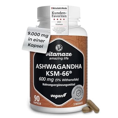 Organischer Ashwagandha KSM-66® 9000 mg (15:1) 3 Monate (90 Kapseln eine täglich) Wurzelextrakt mit 5% Withanoliden Vegan Ohne Zusatzstoffe