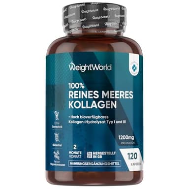 Kollagen Kapseln - 1200mg reines Marine Collagen Typ I und III - Hydrolysierte Fisch Kollagen Peptide - 120 Kapseln für 2 Monate Vorrat - Meereskollagen - Frei von Magnesiumstearat - WeightWorld