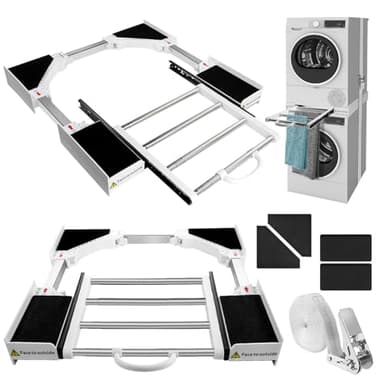 Zanfqvo Verbindungsrahmen für Waschmaschine/Trockner mit Wäscheleine - Zwischenbaurahmen Universal mit Ausziehbarer Handtuchhalter - Einstellbar Zwischenbausatz für Alle Marken (46-72cm), Weiß
