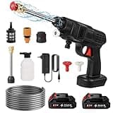 Kabelloser Hochdruckreiniger, 50 bar, 21 V Hochdruckreiniger mit 5 m Schlauch und 2 Düsen, 1200 mAh x 5 mm, elektrische Wasserstrahlpistole für Autos, Haus, Garten (2 Batterien)