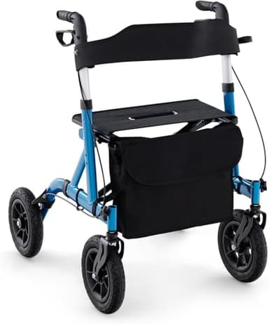 FANTASK 2 in 1 Rollator mit Luftbereifung mit Sitz bis 160 kg, Aluminium faltbar und leicht mit Tasche & Stockhalter, Gehhilfe 6-fach höhenverstellbar, Rollstuhl & Reiserollator（Blau）