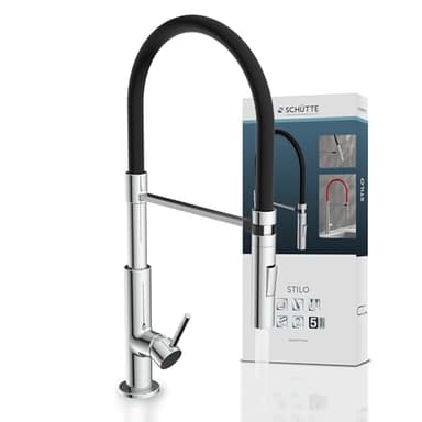 SCHÜTTE 79180 STILO Küchenarmatur mit ausziehbarer Brause, 360 Grad schwenkbarer Wasserhahn für die Küche, Spültischarmatur Einhebelmischer, Mischbatterie in Chrom/Schwarz
