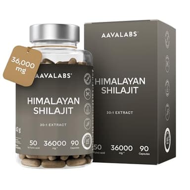 Pure Himalayan Shilajit Kapseln Hochdosiert 36000mg 30:1 Extrakt 50% Fulvinsäure & Huminsäure - Mumijo Shilajit Original Himalaya - Energie & Immunität - 90 Kapseln Vegan & Laborgeprüft