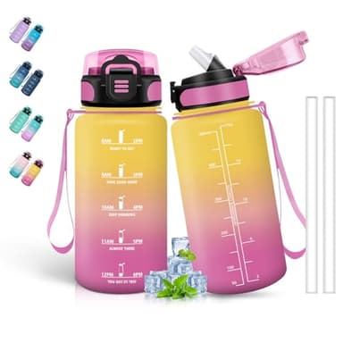 Trinkflasche Kinder, 500ml Trinkflasche, Wasserflasche mit Strohhalm, Kann mit Dir Tragen, Wasserflasche Auslaufsicher, Flasche Mädchen, mit Zeitmarkierung, für Schule, Running, Camping, Gelb-Rosa