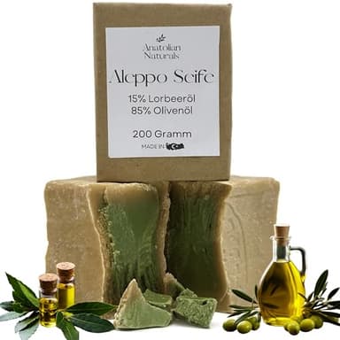 Original Aleppo-Seife 15% Lorbeeröl 85% Olivenöl ANATOLIAN NATURALS ca. 200 Gramm - Naturseife, Haarseife, Gesichtsseife, Körperseife