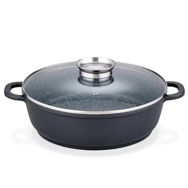 GSW Gourmet Servierpfanne aus Granit mit Aroma Glasdeckel, Pfanne Induktion mit kratzfester Antihaftbeschichtung, Bräter mit Deckel, Bratpfanne 32 cm, Schwarz