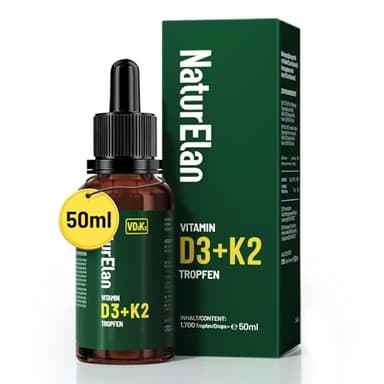 Vitamin D3 K2 hochdosiert Tropfen - 50ml, 1000 I.E. Vitamin D3 pro Tropfen, vegetarisch, ohne Zusätze, Laborgeprüft