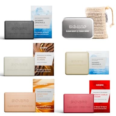 SKINBRO Probierset Männer – 4 festen Duschseifen & festen Shampoo, Aufbewahrungsbox & Sisalsäckchen – Vegan & Nachhaltig, – Perfektes Geschenkset für Männer - Nachhaltige Duschseife für Haar & Körper