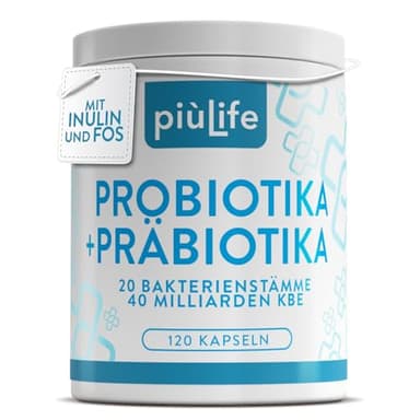 Darmbakterien Probiotika mit Präbiotika, Inulin & FOS – 120 Kapseln PiùLife – 40 Mrd. KBE aus 20 Bakterienstämmen – für Mikrobiom & Darmflora, bei Blähbauch