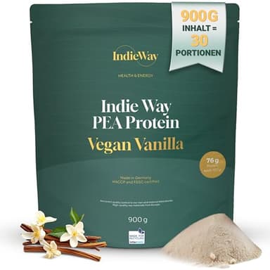 IndieWay Erbsenprotein Vanilla 900 g - Veganes Protein-Pulver mit Vanille-Geschmack - 76 g Eiweiß auf 100 g - Eiweißpulver für Proteinshakes