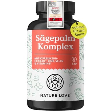 Nature Love Sägepalm Komplex - 120 Kapseln - Sägepalmextrakt, Kürbiskernextrakt, Brennnesselextrakt, Zink, Selen & Vitamin E - Sägepalme (Saw Palmetto) mit 5% Phytosterolen - 2 Monatsvorrat - vegan