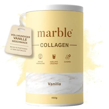 marble® Collagen Pulver 450 g - Collagenpeptide - 60 Tage risikofrei testen - Aminosäuren Komplex hochdosiert - Kollagenpulver in Pappdose ohne Plastiklöffel – Vanilla