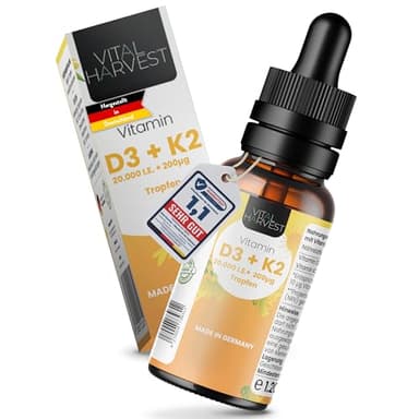 Vital Harvest® Premium Vitamin D3 K2 mit 5.000 IE pro Tropfen | Depot mit D3 & K2 MK-7 | Veganes Vitamin D3 + Vitamin K2 MK7, laborgeprüft in Deutschland hergestellt - ohne Zusatzstoffe (10ml)