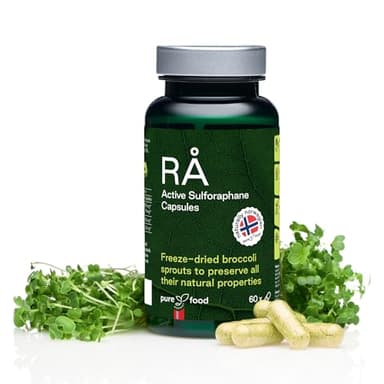 RÅ Aktive Sulforaphan Kapseln aus Norwegen- 28500 mg Gefriergetrocknete Brokkolisprossen - Kein Extrakt - Aktive Vollspektrum Brokkoli Kapseln, 60 Kapseln - Pure Food Norway