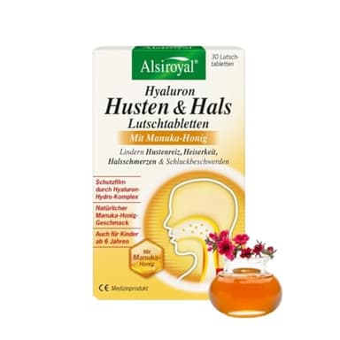 Alsiroyal Hyaluron Husten & Hals Lutschtabletten, 30 Stk. – bei Hustenreiz & Heiserkeit - Mit Hyaluron-Hydro-Komplex & Manuka-Honig - natürlicher Geschmack, für Erwachsene & Kinder ab 6 Jahren