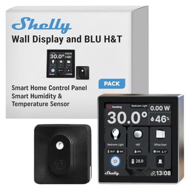 Shelly Wall Display Schwarz + Blu H&T Schwarz (Bundle), WLAN-Smart-Home-Bedienfeld, Thermostat, Integriertes 5A-Relais, Neutralleiter Erforderlich, Umweltdaten, Steuerzentrale, Alexa & Google Home