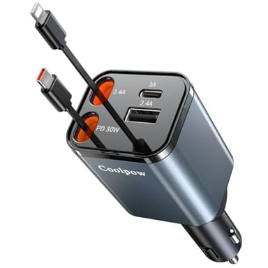 Coolpow 4 in 1 Zigarettenanzünder USB C 【69W Auto Ladegerät】 Adapter Auto【Einziehbares Ladekabel】 Auto Handy Ladegeräte Reiseadapter Kfz Ladegerät USB C/Typ-C Kabel für iPhone 17 Pro Max Plus Galaxy