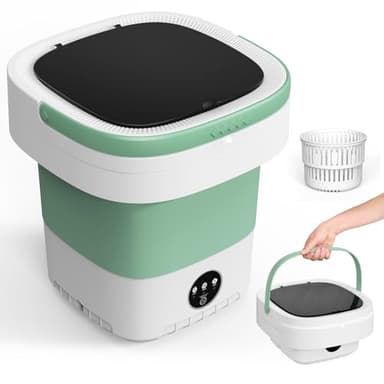 Mini Waschmaschine, 12L 2 in 1 Camping Waschmaschine Klein mit Abnehmbarer Trockenkorb, 3 Modi Tiefenreinigung Portable Mini Washing Machine,Reisewaschmaschine für Unterwäsche, Babykleidung (Grün)