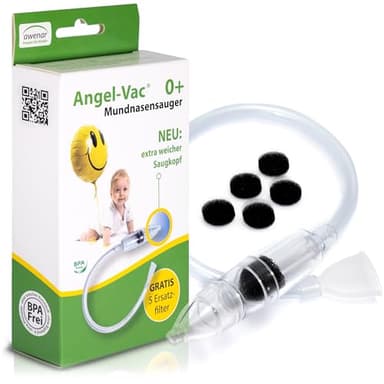 Angel-Vac® Mund-Nasensauger Baby [mit extra weichem Saugkopf] - manueller Saug-Nasenreiniger ohne Staubsauger - für Babys ab 0 Jahre [inkl. 5 Ersatz-Filtern]