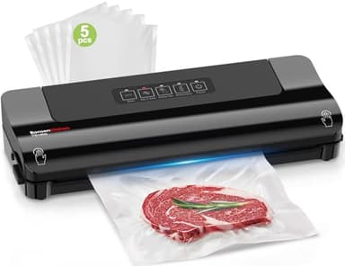Bonsenkitchen Vakuumiergerät, Vakuumierer für kontinuierliches Arbeiten mit Hoher Geschwindigkeit, Multifunktionales Vakuumiergerät für Lebensmittel mit Vakuumbeuteln und Zubehörschlauch (Schwarz)
