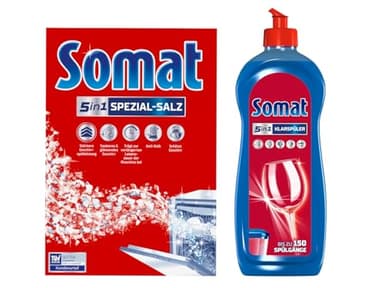 Somat 5in1 Spülmaschinenpflege SET, Klarspüler 750ml & Spezial-Salz 1,2Kg, Wasser