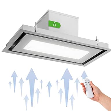 Klarstein Remy Brilliant Edition Inselhaube, 90 cm, EEK A, 618 m³/h, 230 W, Fernbedienung, LED-Lampe: 3 Helligkeitsstufen bis zu 6500 Kelvin, Fettfilter, Abluft und Umluft, silber