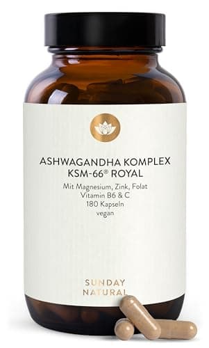 SUNDAY NATURAL® Ashwagandha Komplex KSM-66® Premiumrohstoff – 600 mg Bio Ashwagandha Kapseln hochdosiert je Tagesdosis - 180 Kapseln mit Magnesium, Zink & Vitamin B6 - Laborgeprüft, vegan