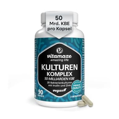Kulturen Komplex hochdosiert mit 400 Mrd. KBE/g in 1 Kapsel, 20 Bakterienkulturen für den Darmflora Aufbau mit Inulin und Zink, 90 vegane & magensaftresistente Kapseln mit 50 Mrd. KBE für 3 Monate