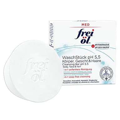 frei öl MED WaschStück pH 5,5, 3-in-1 seifenfreie Reinigung für Körper, Gesicht und Haare, pH-hautneutral, mikrobiomfreundlich, Mikrosilber, Mandelöl, Avocadoöl, vegan, Gesichtsreinigung, 90 g