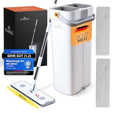 XL Wischmopp Set mit Eimer, 2-Kammer-System & 2 Mikrofaser-Pads, 40 cm Flachmopp mit Edelstahlstiel & Selbst-Auswringfunktion, 143–181 cm Teleskopstiel, Tierhaarentferner, Weiß – ALANBERG®