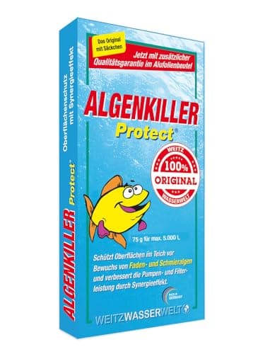 ALGENKILLER Protect® - Der Algenenferner für den Teich. Algen und Grünbelag abbau mit Synergieeffekt verbessert die Pumpen- und Filterleistung. Optimaler Oberflächenschutz mit Langzeitwirkung.