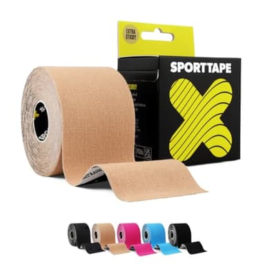 SPORTTAPE Extra Klebriges Kinesiologie-Tape, 5 cm x 5 m – Beige | Hypoallergenes, Wasserfestes Sports Tape | Physio Medizinisches Sport-Tape bei Muskelverletzungen, Unterstützung | Ungeschnitten