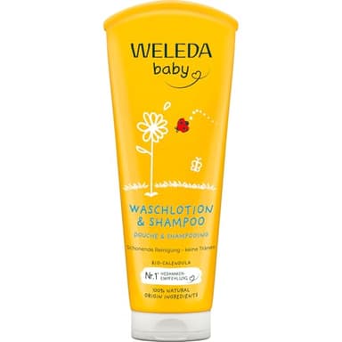 WELEDA Bio Calendula Baby Waschlotion & Shampoo - veganes Naturkosmetik Duschgel zur Hautpflege / Haarpflege bei Neugeborenen. Babypflege Dusche für empfindliche Haut, mild zu den Augen (1x 200ml)