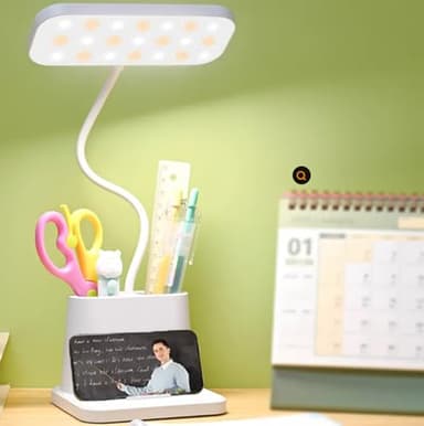 YverLand LED Schreibtischlampe mit Stifthalter, 3 Modi x 3 Intensitäten, USB-Betrieben, Multifunktional mit Handyhalterung, Weiß