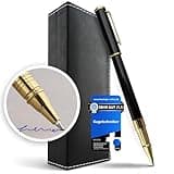 Komfort Kugelschreiber hochwertig aus Metall, Tintenroller edel, Schreibset Edelstahl, Rollerball Roller Pen, Metallkugelschreiber ideal als Geschenk inkl. 2 Ersatzminen (Gold)