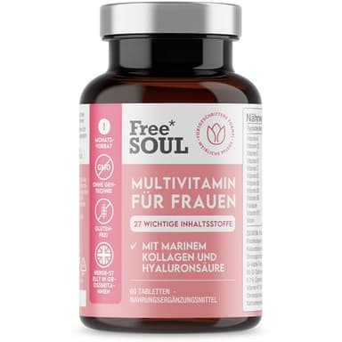 Multivitamin für Frauen mit Meereskollagen & Hyaluronsäure – 27 essentielle Vitamine, Mineralien & Pflanzenextrakte – Glutenfrei & Ohne synthetische Füllstoffe – 60 Tabletten – Free Soul