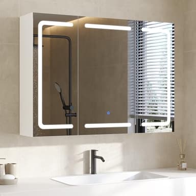 DICTAC Spiegelschrank Bad mit Beleuchtung und Steckdose Badezimmerschrank mit Spiegel und Verstellbarem Regal,Badschrank mit 3 Türen,Wandschrank,Hängeschrank,3 Farbtemperatur Dimmbare,80x60x16cm,Weiß