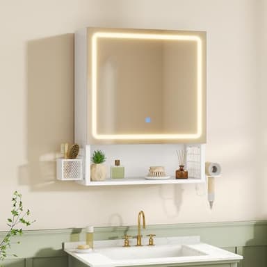 Spiegelschrank Bad mit LED-Beleuchtung,Badezimmer Spiegelschrank mit verstellbarer Ablage,HD-Spiegel, Hängekorb,Haartrockner-Halter,3 Lichtfarbe Einstellbar, Badezimmerschrank 50×16×60cm,Weiß