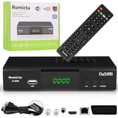 Romicta HD Receiver für Satelliten, Sat Receiver mit HDMI, DVB-S/S2, PVR, EPG, SCART, LAN, USB Mediaplayer, HDTV, YouTube, Wetter, Schwarz - HDTV Satelliten Receiver