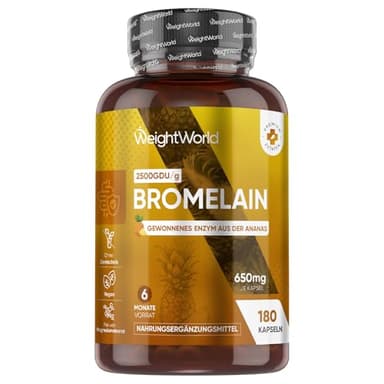 Bromelain Kapseln - 650 mg Tagesdosis - 2500 G.D.U/g - 180 vegane Kapseln - 6 Monate Vorrat - Gewonnenes Enzym aus der Ananas - Frei von Magnesiumstearat - 1 Kapsel täglich - WeightWorld