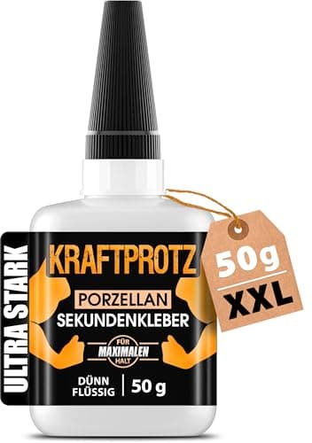 Sekundenkleber für Keramik & Porzellan extra stark – XXL 50 g Superkleber dünnflüssig (extra flüssig) – hochpräzise für Risse – hitze- & spülmaschinenfest – KRAFTPROTZ Spezialkleber für Ton & Stein