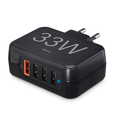 Hama 4-Fach USB-Ladegerät mehrfach USB-A 33 W (USB-Schnellladegerät Qualcomm® Quick Charge™ 3.0, USB-Adapter Steckdose, 4 Port Ladegerät für iPhone u.v.m., Handy-Ladestation mehrere Geräte) schwarz
