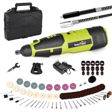 SnapFresh 12V Akku-Rotationswerkzeug-Set Multifunktionswerkzeuge, 7 Geschwindigkeiten, 28000U/min, 80+ Zubehörteile, 2 Aufsätze, Flex-Welle, 1 Stunde schnelles Aufladen zum DIY